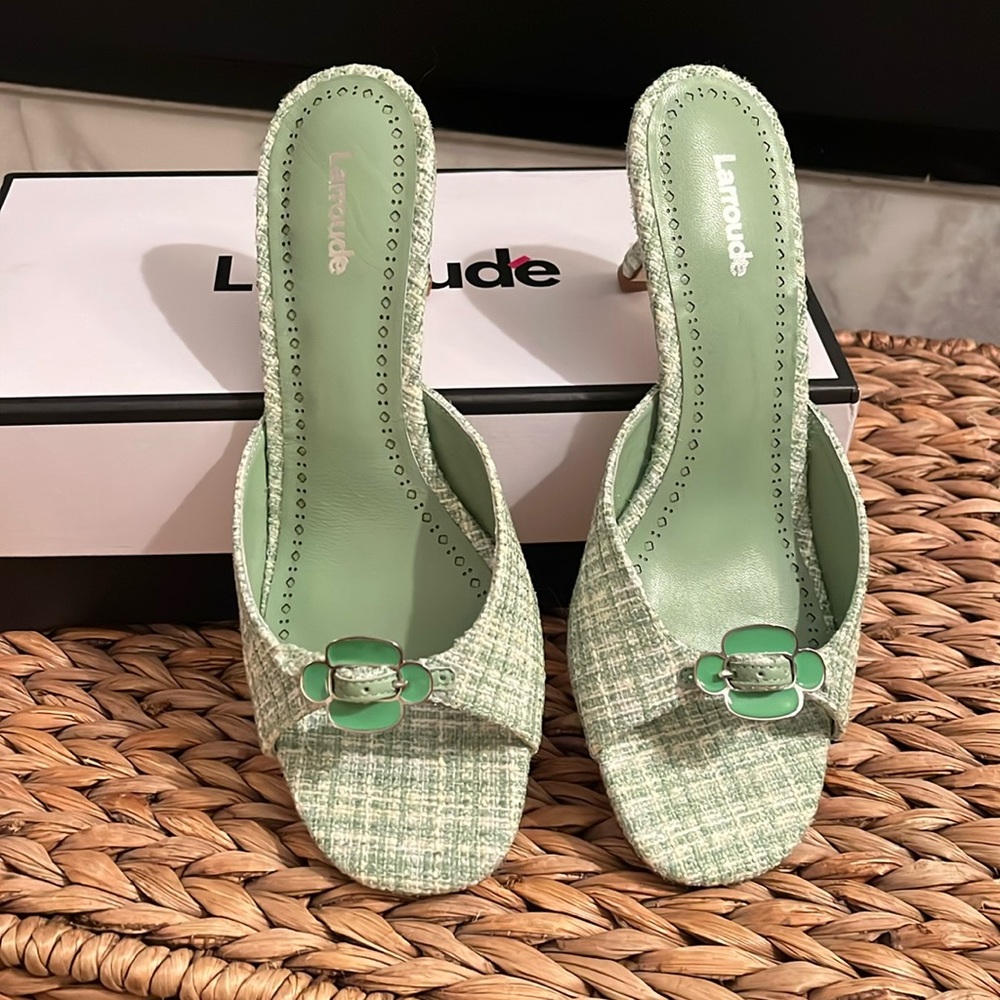 Larroude Mint Green Tweed Open-Toe Mules
